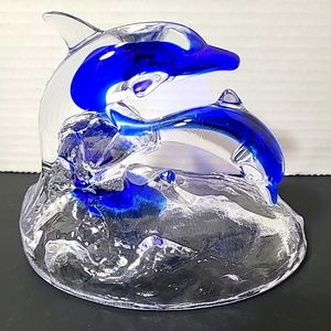 France Crystal D'Arques Dolphin Art Glass  Clear &Cobalt Blue